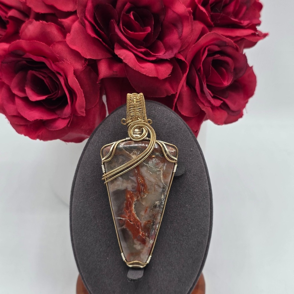 Unique Mexican Crazy Lace Agate Wire Wrapped Pendant Earth‎ Tones Gold Handmade